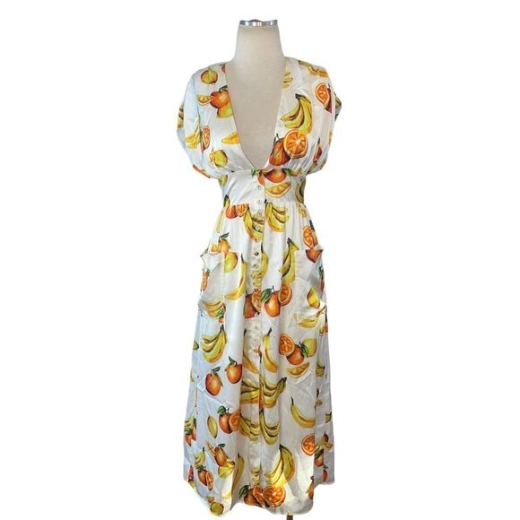 Song of Style Sia Midi Dress in White Fruit Small New Womens Satin Cocktail - Picture 6 of 15
